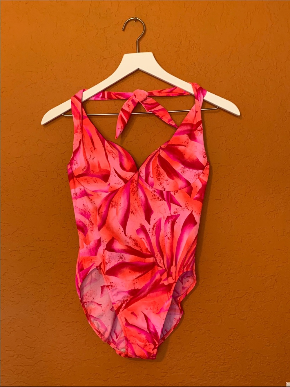 Vintage Pink Tropical Print One-Piece Swimsuit With Skirt Cover Up - Size Medium